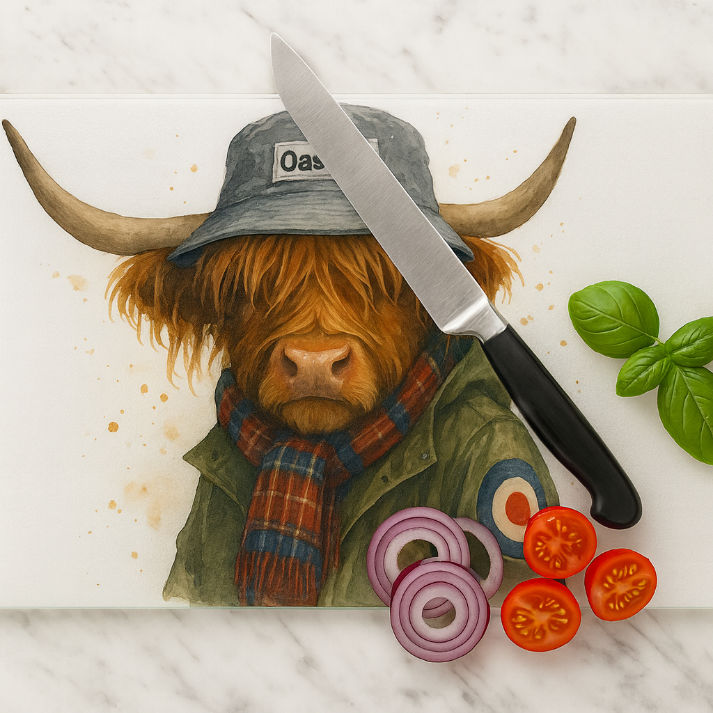 Oas-ish Highland Cow Glass Chopping Board | A3 Heat-Resistant Kitchen Art