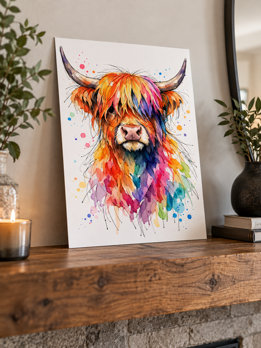 Colourful Highland Cow Wall Art | Scottish Art Print β Ink & Wild