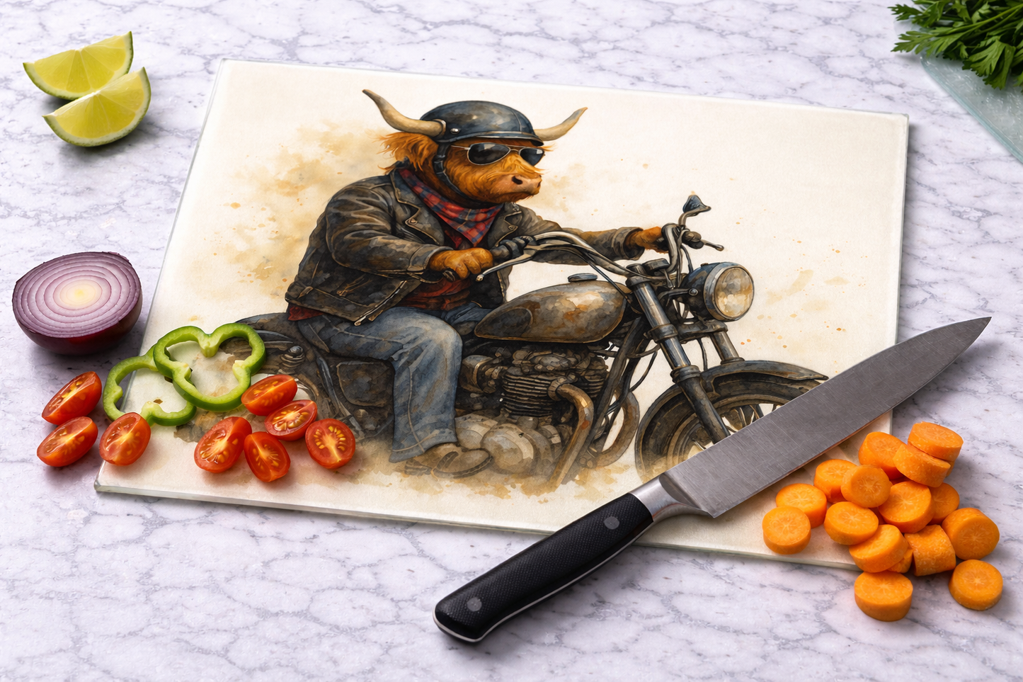 Highland Cow Biker Glass Chopping Board – Scottish Motorcycle Design