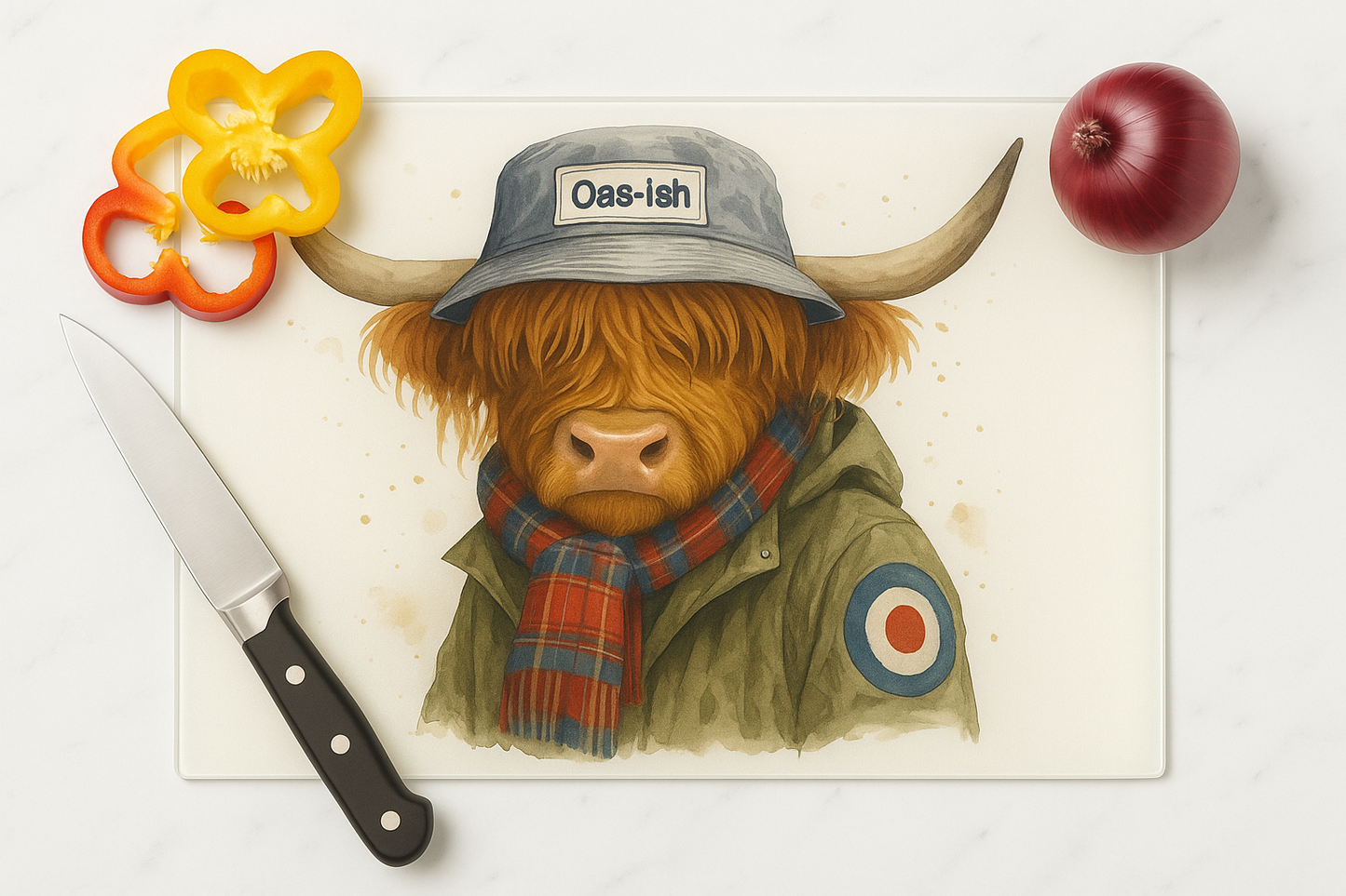 Oas-ish Highland Cow Glass Chopping Board | A3 Heat-Resistant Kitchen Art