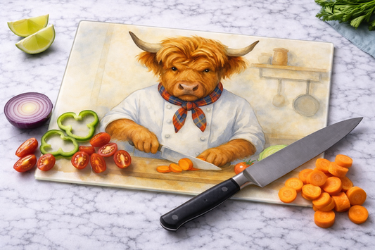 Highland Cow Chef Chopping Board, Worktop Saver, Pan Stand , Trivet, Made In Scotland