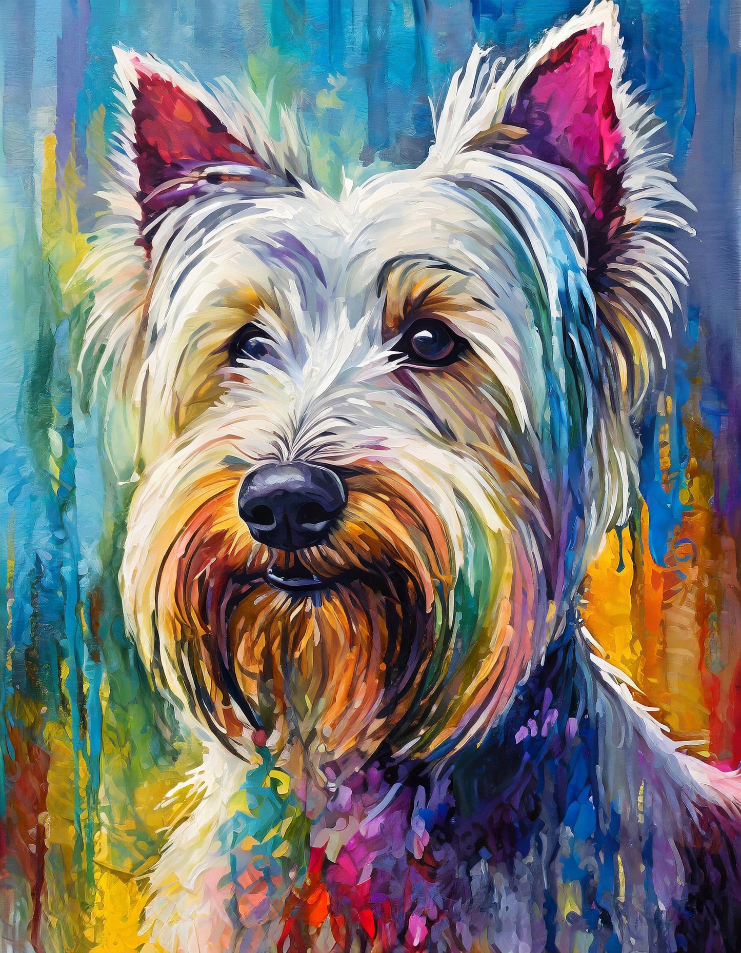 Framed Colourful Dog Print Light Wood & White Frame by Eiledon