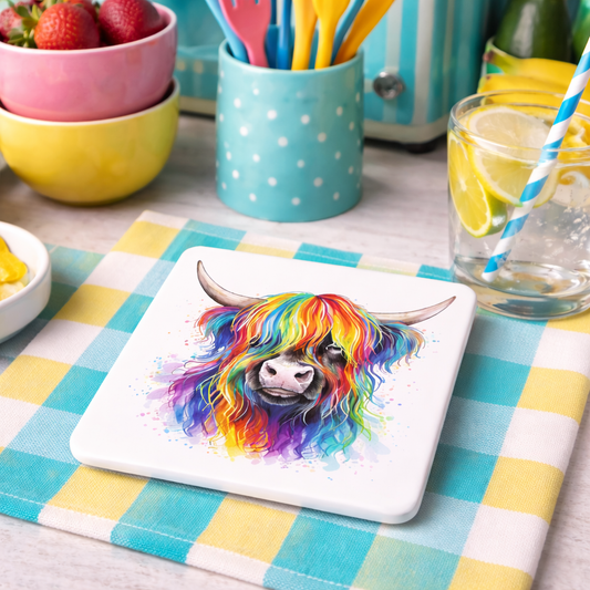 From Norma with Colour – Highland Cow Ceramic Coaster Set (Set of 4)
