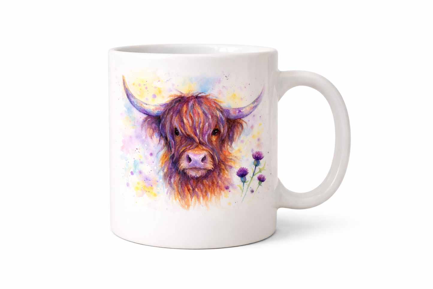 Highland Cow & Thistles Mug – Colourful Scottish Watercolour | 11oz Ceramic Mug