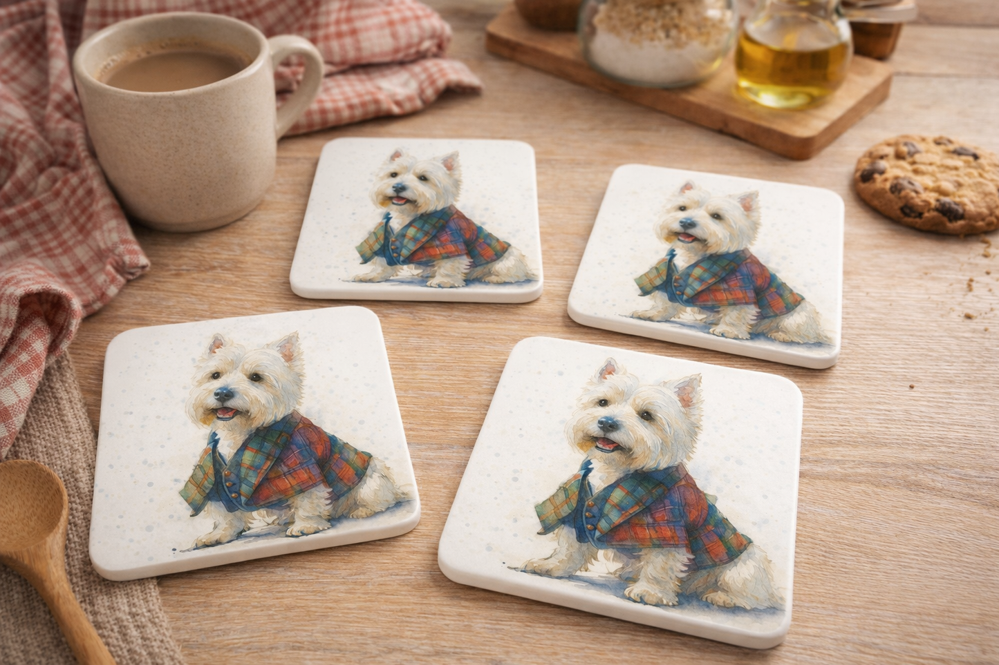 Westie Tartan Ceramic Coasters – Set of 4