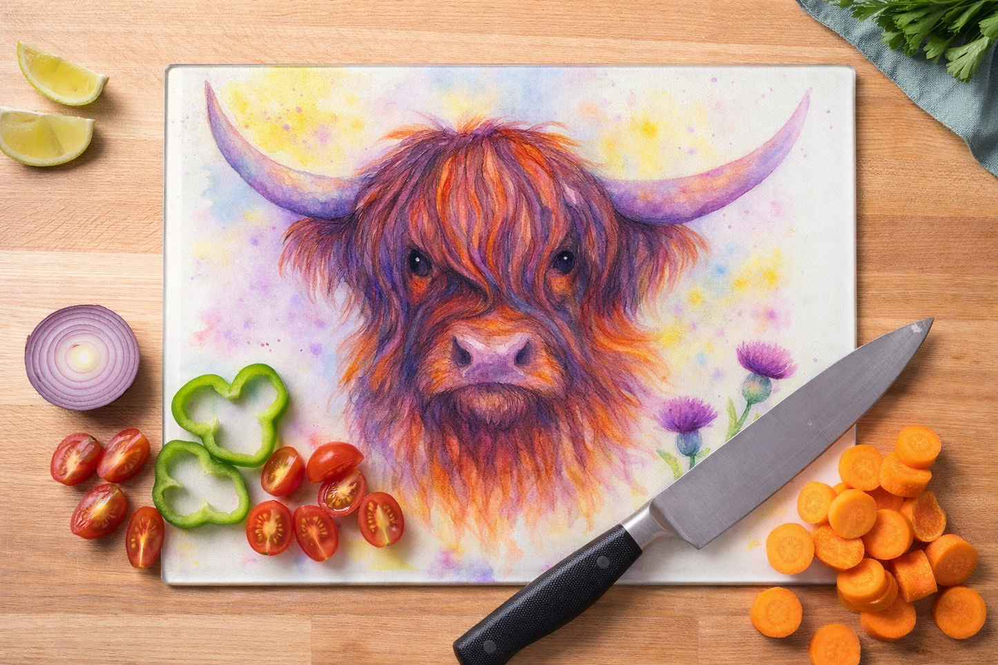 Highland Cow & Thistles – Glass Chopping Board