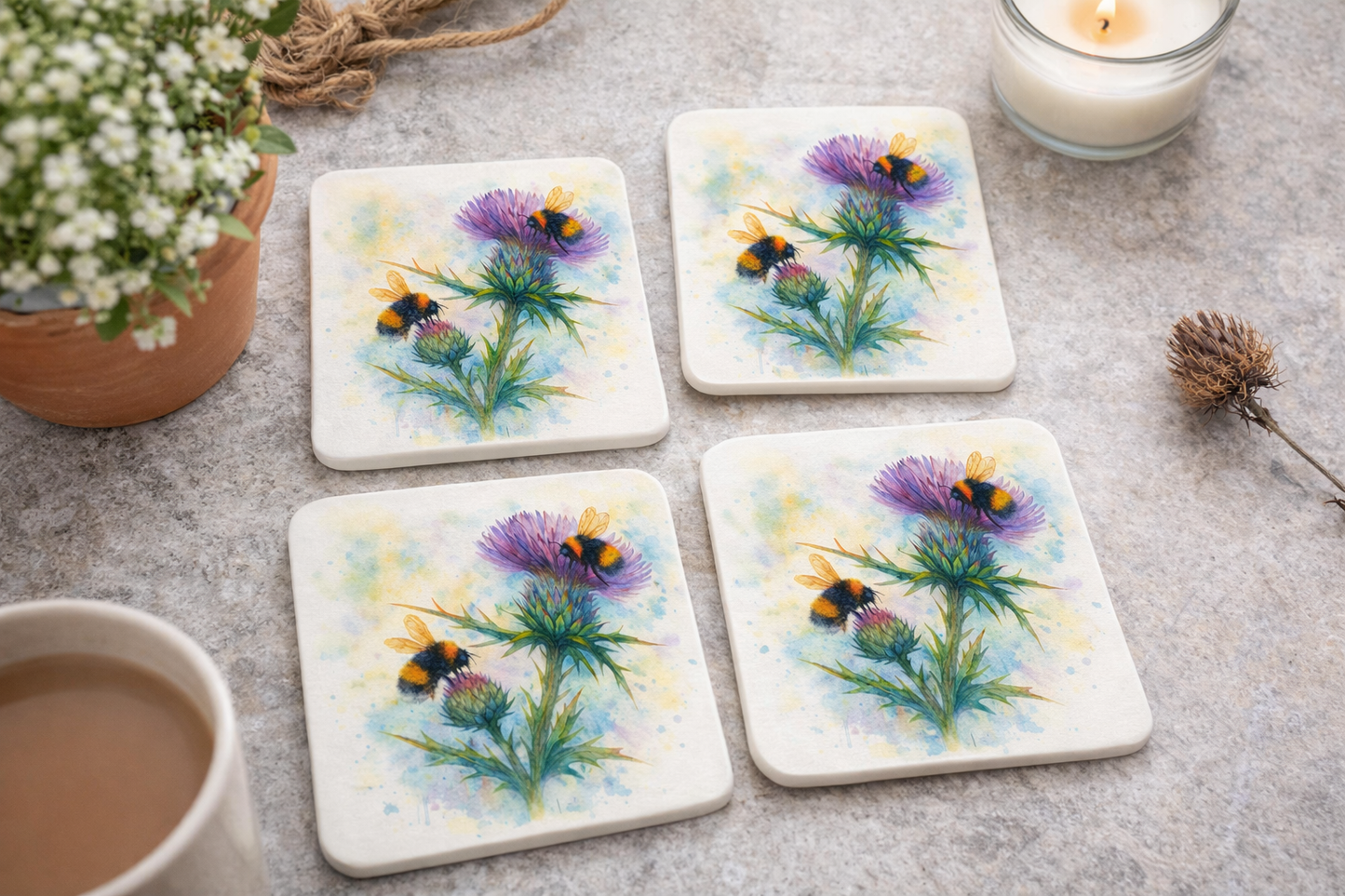 Thistle and Bumblebee Ceramic Coasters- Set of 4