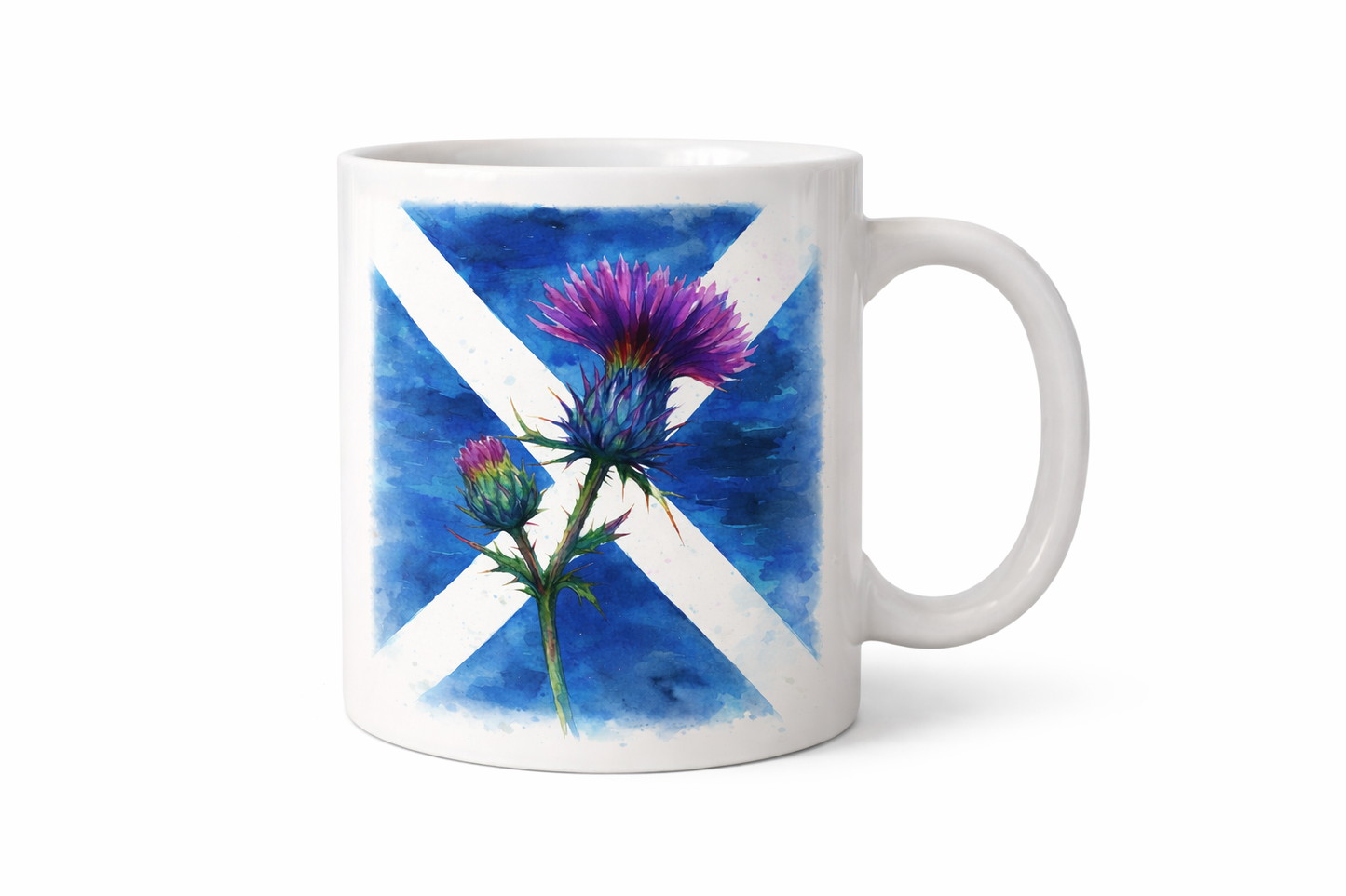 Saltire & Thistle Mug – Scottish Flag Watercolour | 11oz Ceramic Mug