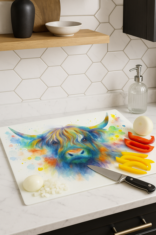 Highland Cow Glass Chopping Board, Worktop Saver, Colourful Coo's, Scotland, Scottish Gift, Highland Cow Gift