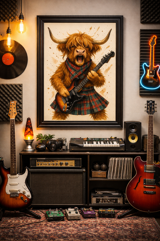 “Highland Rocker Poster – Cool Cow in Kilt with Guitar | Watercolor Wall Art Print”