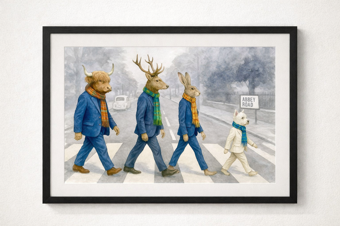 Tartan Day Trippers on Abbey Road – Highland Cow & Friends Watercolour Art Print