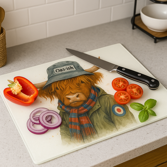 Oas-ish Highland Cow Glass Chopping Board | A3 Heat-Resistant Kitchen Art