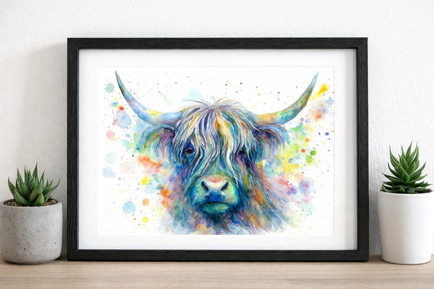 Rainbow Splash Highland Cow – Vibrant Watercolour Wall Art Print