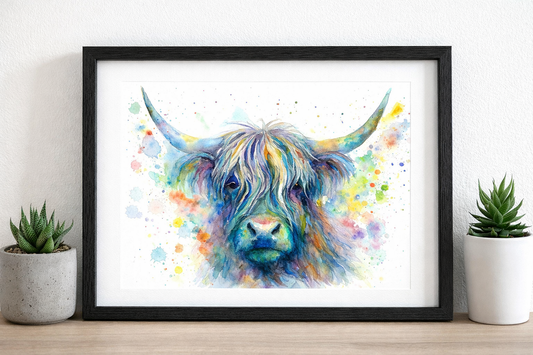Rainbow Splash Highland Cow – Vibrant Watercolour Wall Art Print