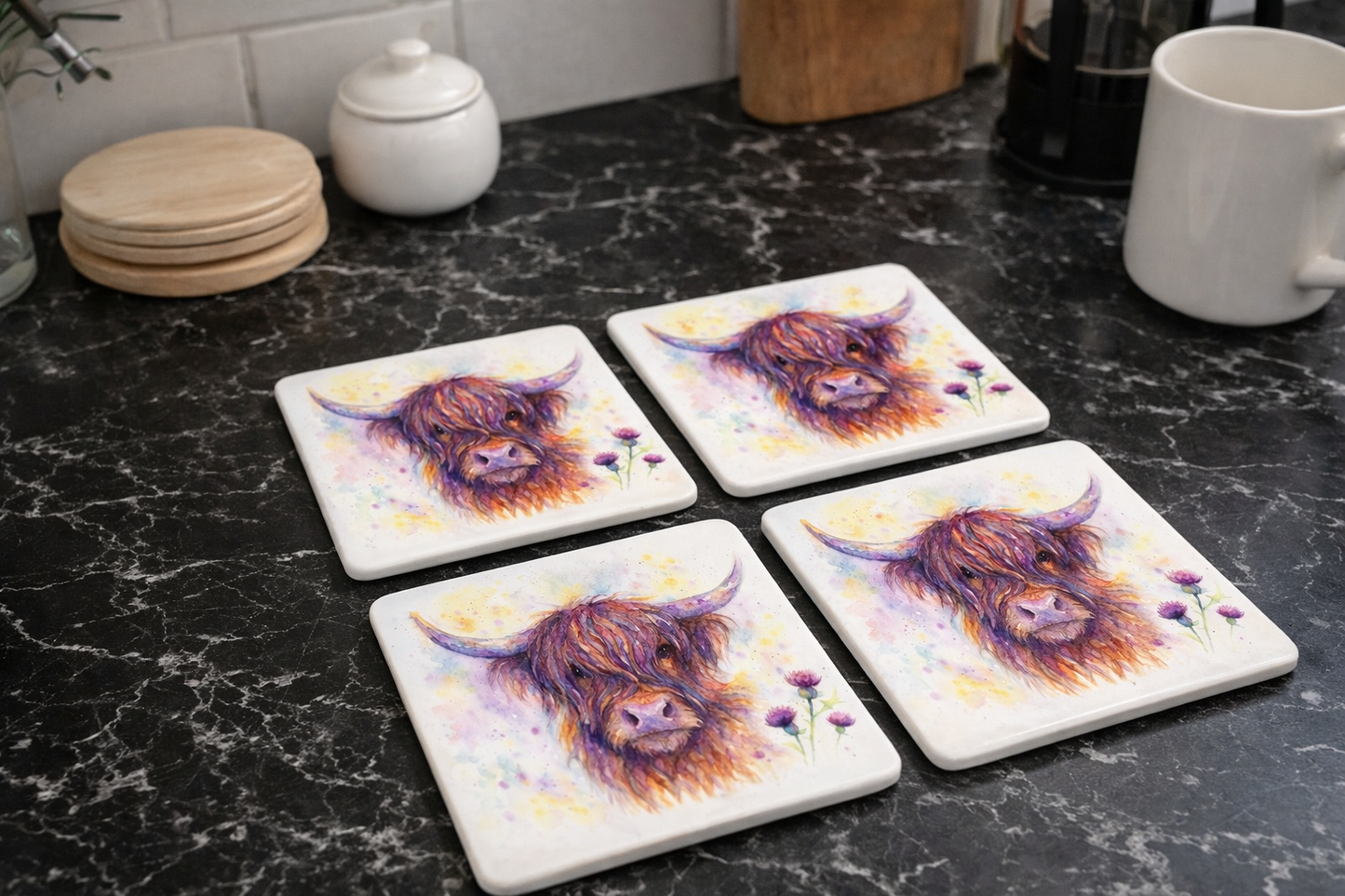 Cow & Thistle Ceramic Coasters – Set of 4