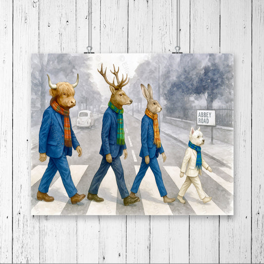 Tartan Day Trippers on Abbey Road – Highland Cow & Friends Watercolour Art Print