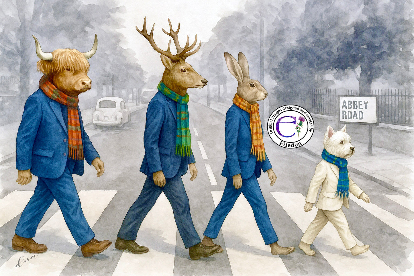 Tartan Day Trippers on Abbey Road – Highland Cow & Friends Watercolour Art Print