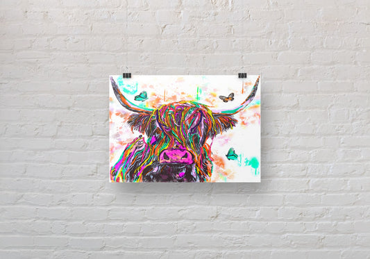 Autumn Colours Highland Cow and Butterflies A3 Wall Art print