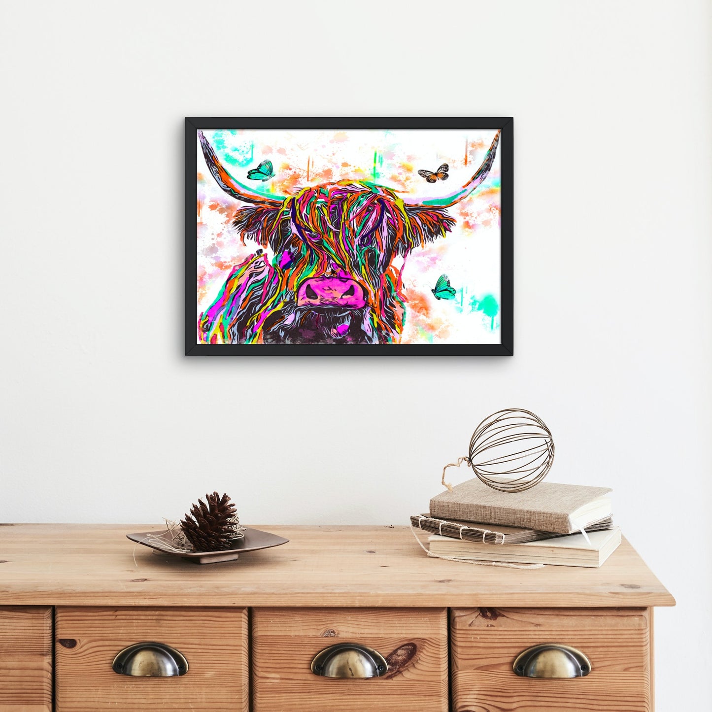 Autumn Colours Highland Cow and Butterflies A3 Wall Art print