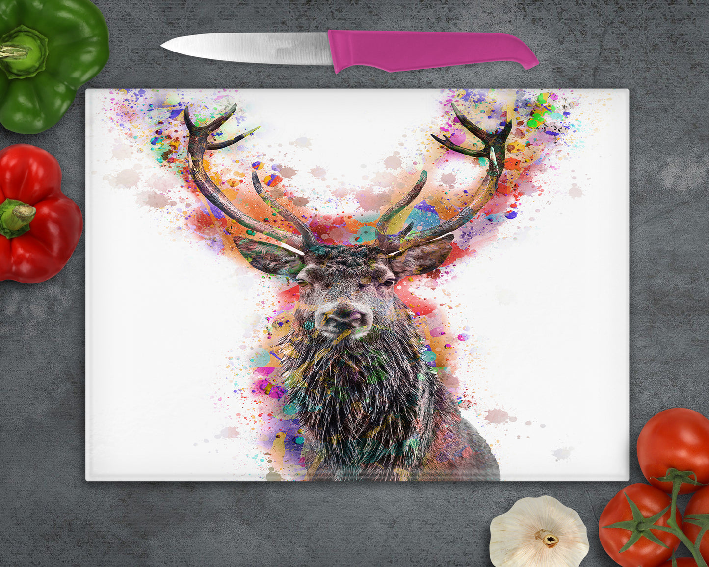 Bright Colour Bubbles Scottish Stag Glass Chopping Board, Worktop Saver, Pan Stand , Trivet