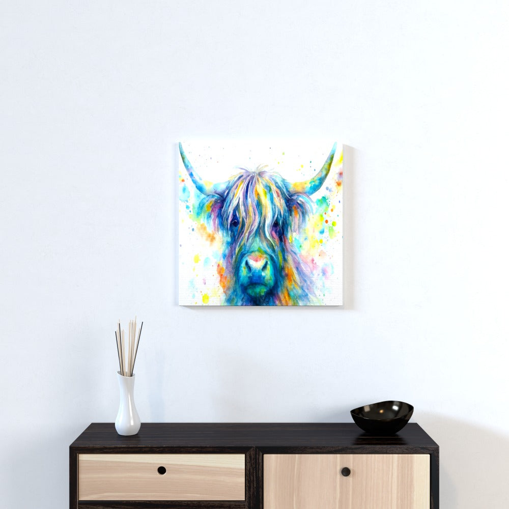 Rainbow Highland Cow – Colour Splash Watercolour Canvas Wall Art