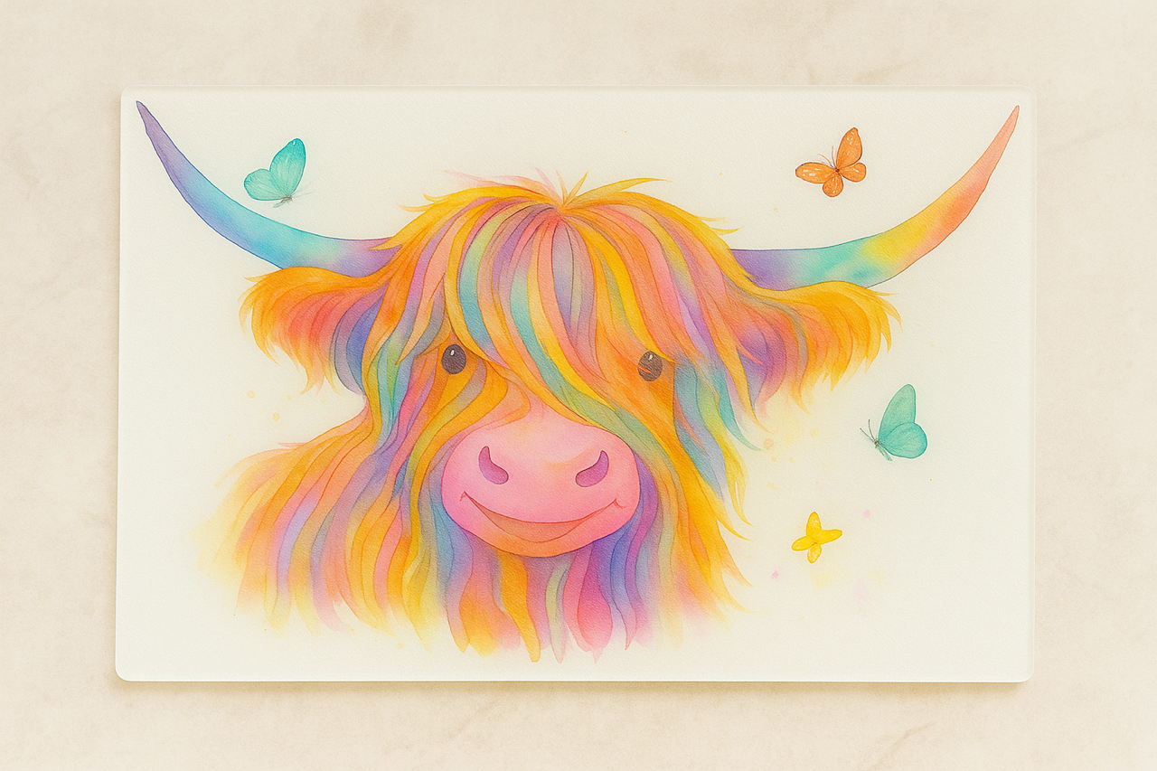 Rainbow Highland Cow Glass Chopping Board-Colourful Kitchen Worktop Saver with Butterflies