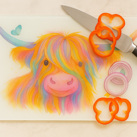 Rainbow Highland Cow Glass Chopping Board-Colourful Kitchen Worktop Saver with Butterflies
