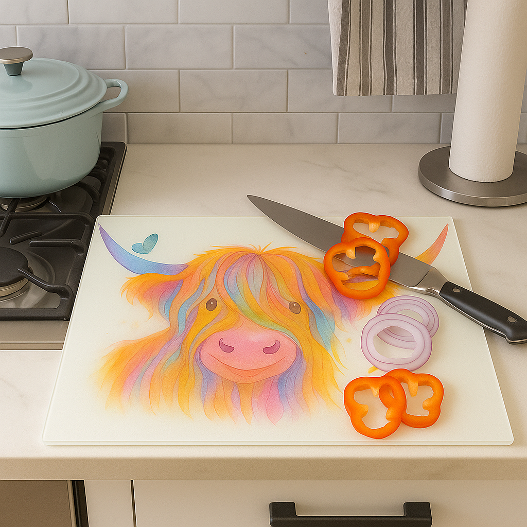 Rainbow Highland Cow Glass Chopping Board-Colourful Kitchen Worktop Saver with Butterflies