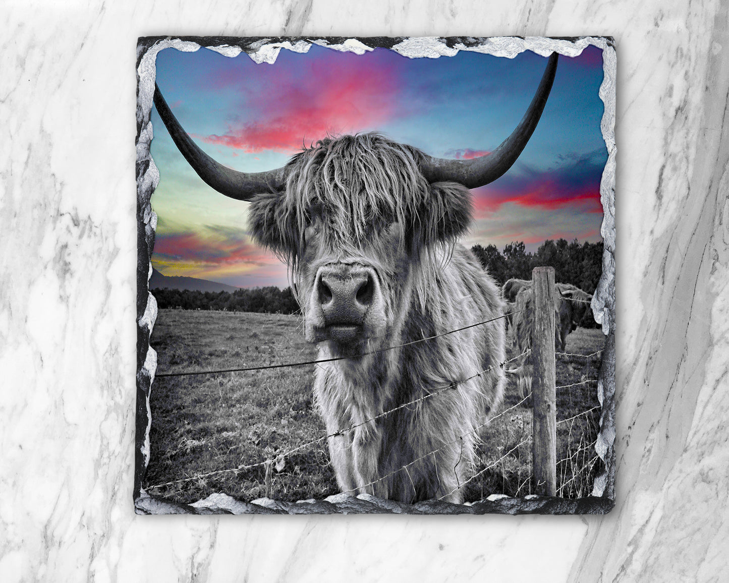 Highland Cow Dramatic Red Sky Photo Slate, Decorative Slate, Pan Stand