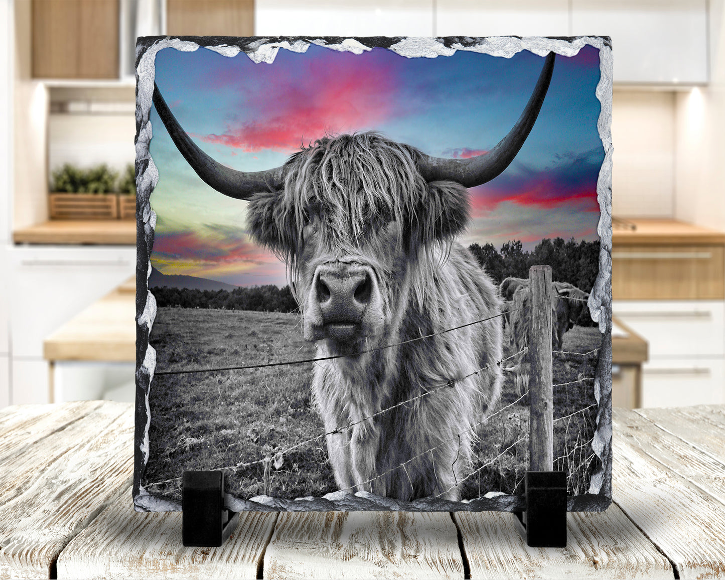 Highland Cow Dramatic Red Sky Photo Slate, Decorative Slate, Pan Stand