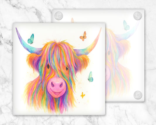 Rainbow Highland Cow Glass Coaster-Colourful Animal Drink Mat with Butterflies
