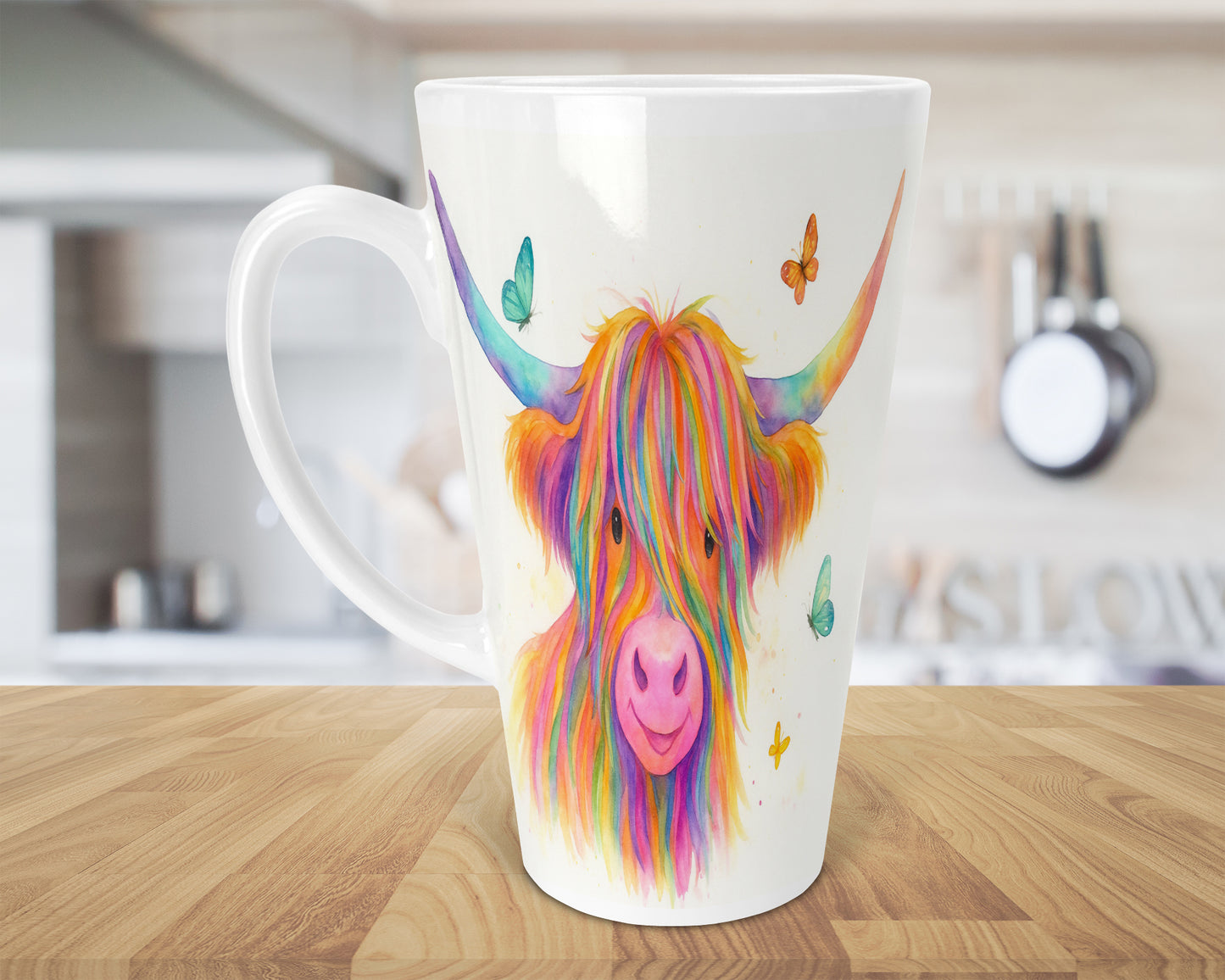Rainbow Highland Cow 17oz Latte Mug-Colourful Animal Print Coffee Cup with Butterflies