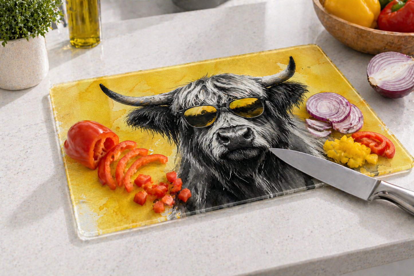 Glass Chopping Board | Highland Cow Kitchen Art | Shades of Scotland | Eiledon