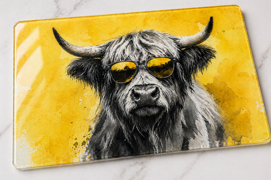 Glass Chopping Board | Highland Cow Kitchen Art | Shades of Scotland | Eiledon