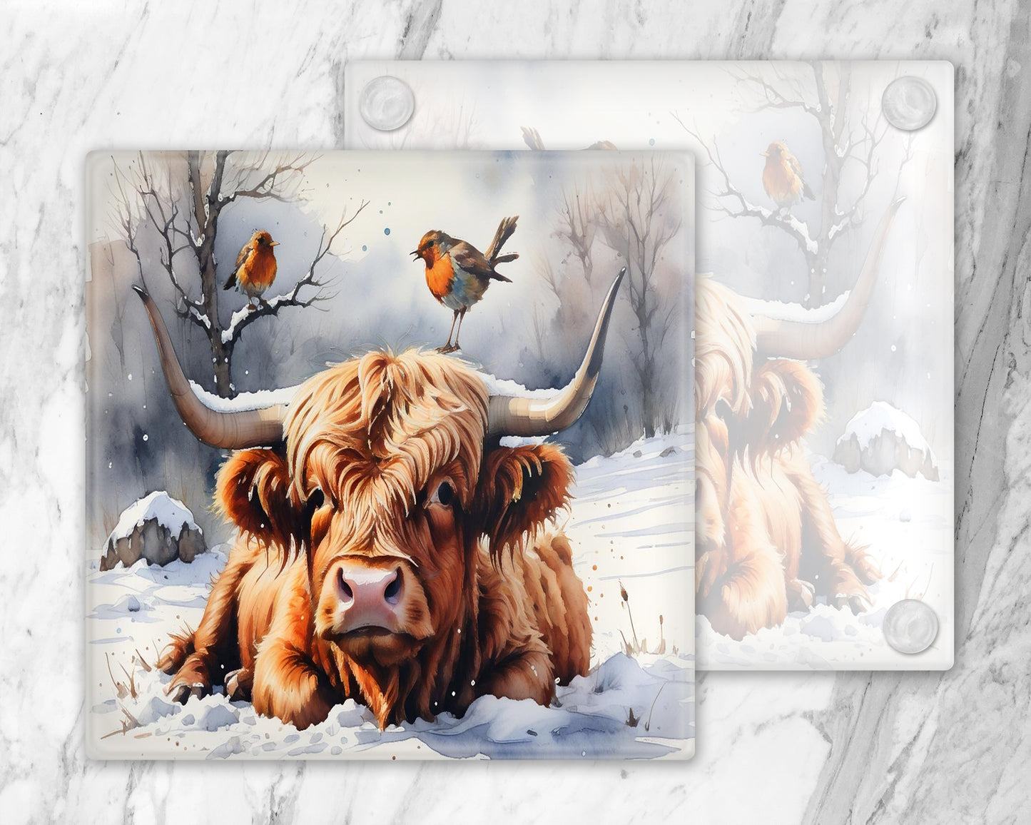Highland Cow and Robins Glass Coasters