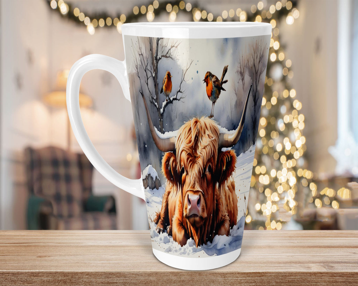 Highland Cow and Robin 17oz Skinny Latte Mug, Christmas Mug, Christmas Gift