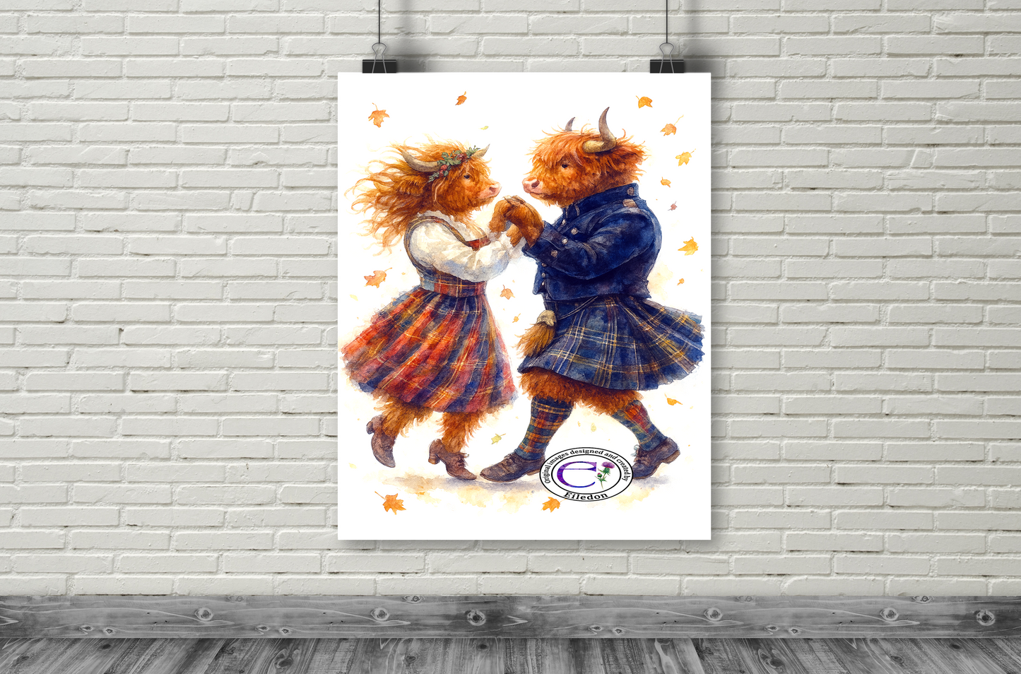 Highland Cow Ceilidh Dance Art Print – Romantic Scottish Watercolor
