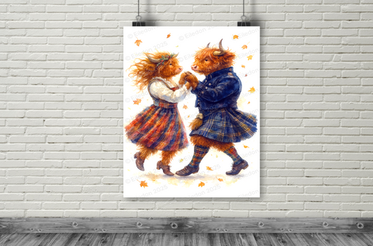 Highland Cow Ceilidh Dance Art Print – Romantic Scottish Watercolor