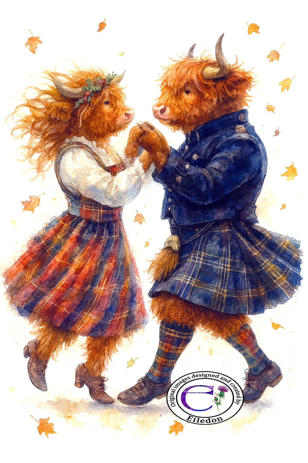 Highland Cow Ceilidh Dance Art Print – Romantic Scottish Watercolor