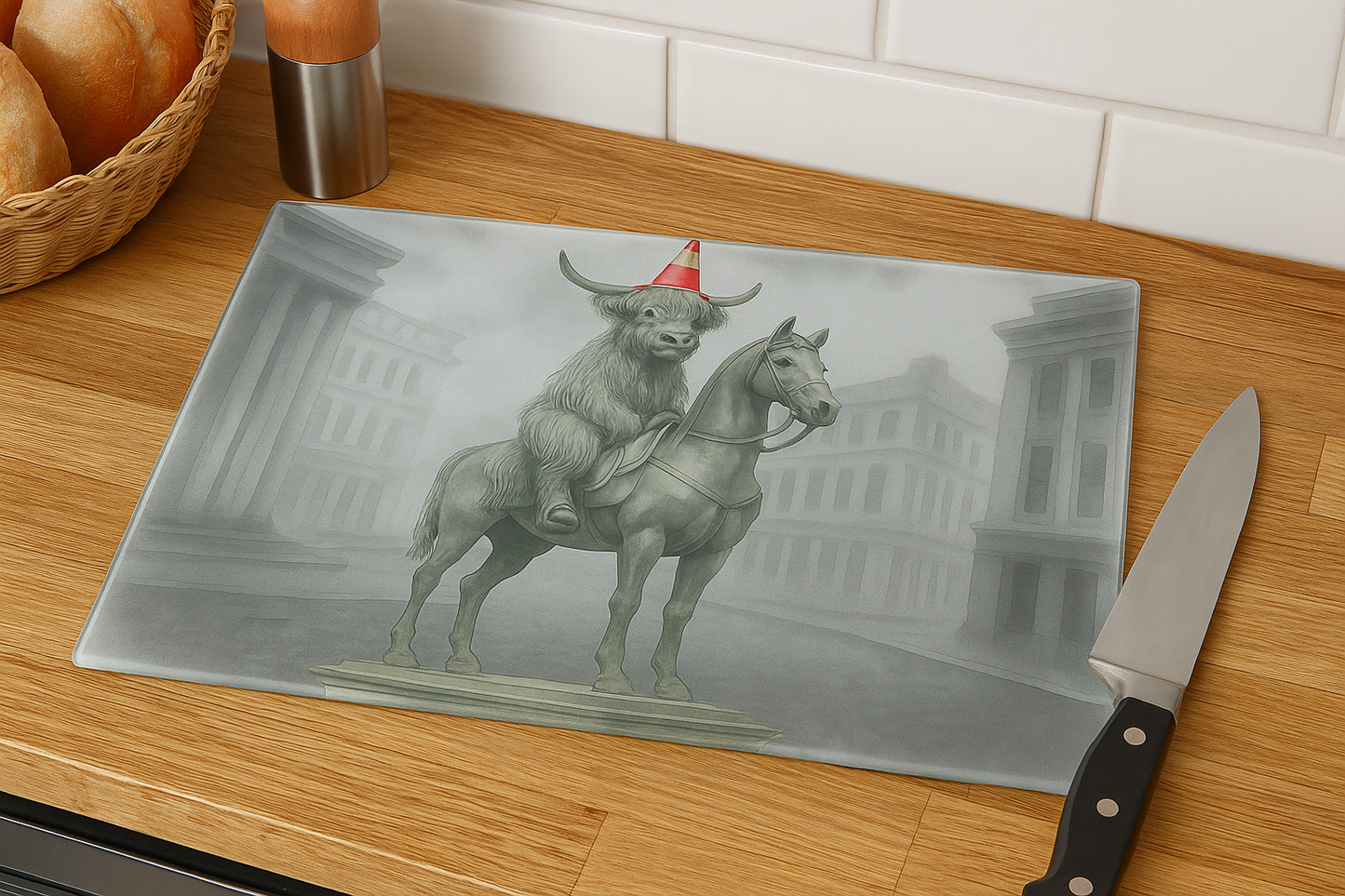 Duke Of Moo-Llington Glass Chopping Board-Highland Cow Statue Design