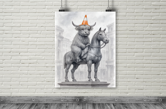 Duke of Moo-Llington Wall Art Print-Funny Highland Cow Statue Poster with Traffic Cone