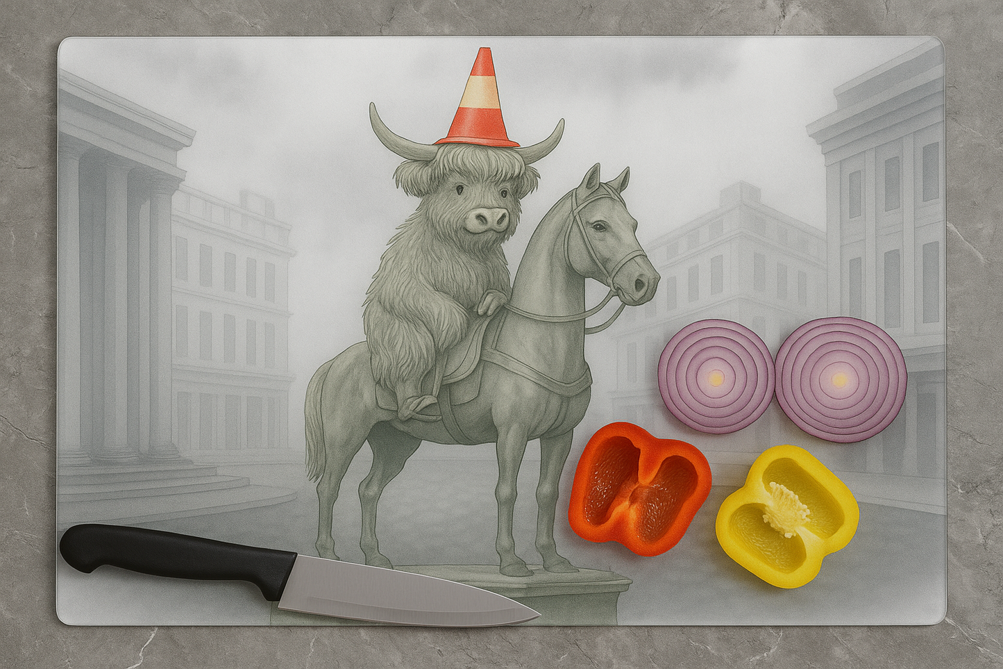 Duke Of Moo-Llington Glass Chopping Board-Highland Cow Statue Design