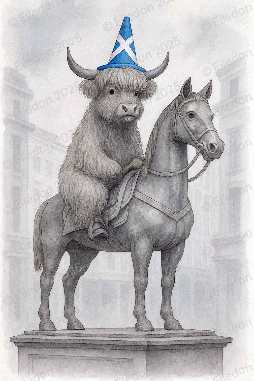 Duke of Moo-Llington Wall Art Print-Funny Highland Cow Statue Poster with Traffic Cone