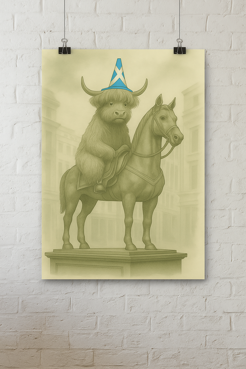 Duke of Moo-Llington Wall Art Print-Funny Highland Cow Statue Poster with Traffic Cone