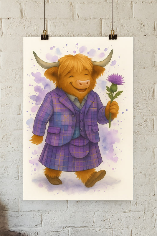 Ralph the Highland Cow in Purple Tartan – Art Print (A4 / A3)
