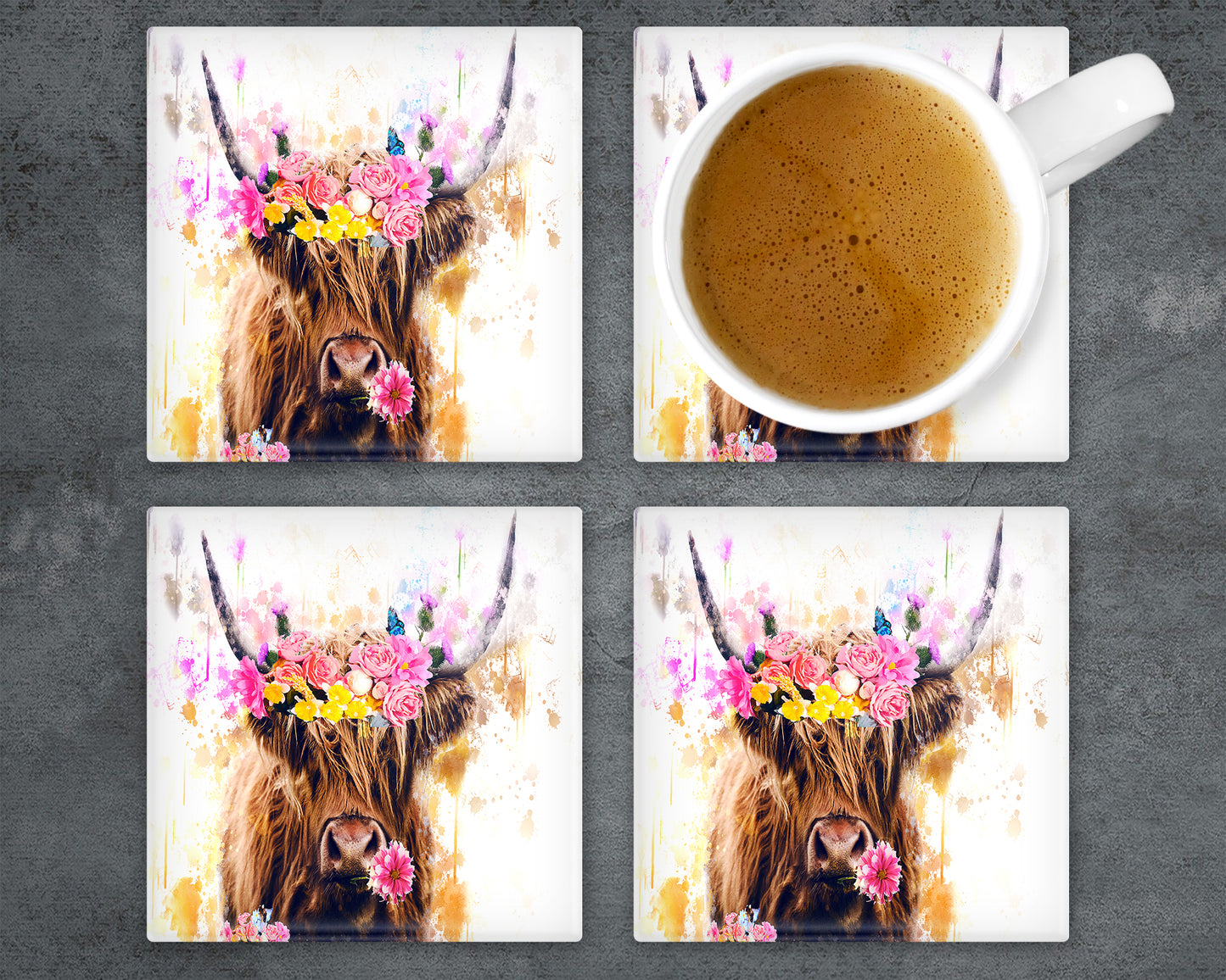 Highland Cow Flowers Coasters ,Floral Coaster, Cow Coasters, Flowers, Highland Cow Gift, Highland Cows, Glass Coasters, Drinks Holder