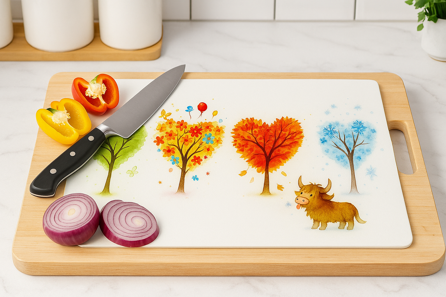 Four Seasons Highland Cow Glass Chopping Board-Cute Seasonal Decor