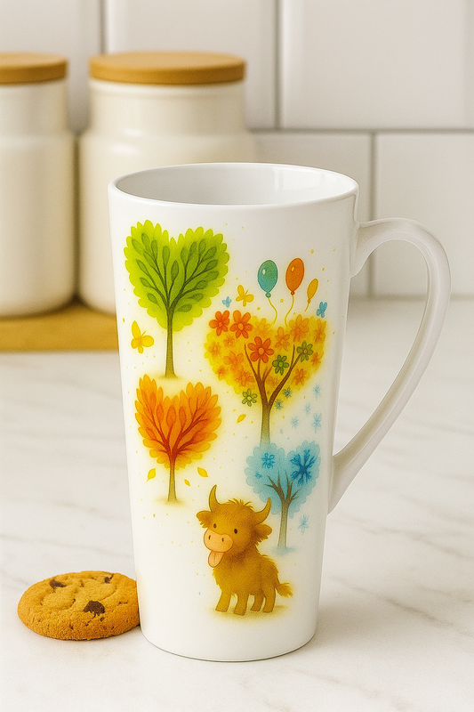Four Seasons Highland Cow Latte Mug-Cute Seasonal Design for Cow Lovers