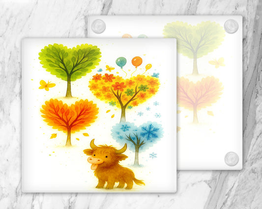 Four Seasons Highland Cow Glass Coasters-Cute Seasonal Drink Mat