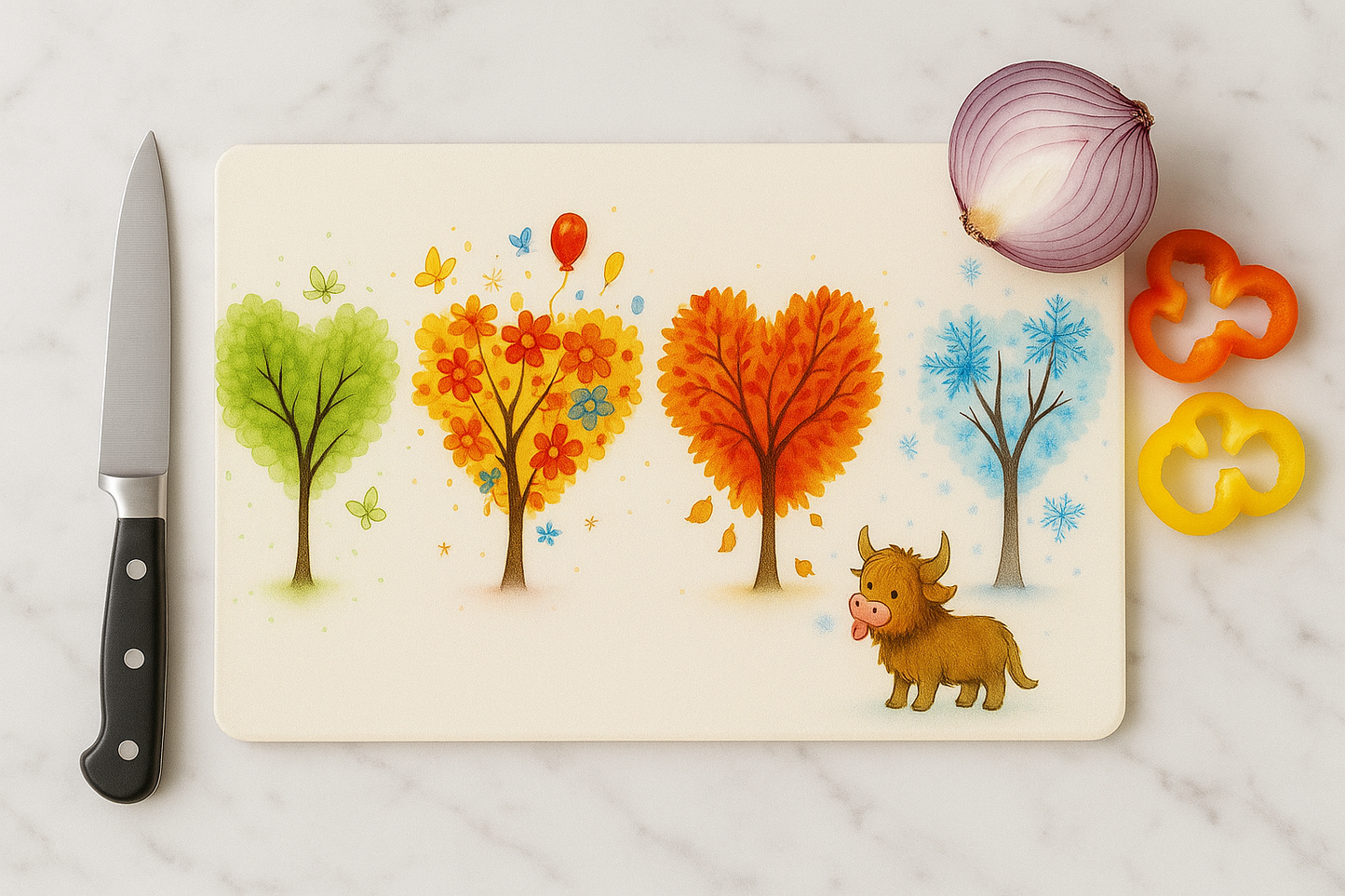Four Seasons Highland Cow Glass Chopping Board-Cute Seasonal Decor